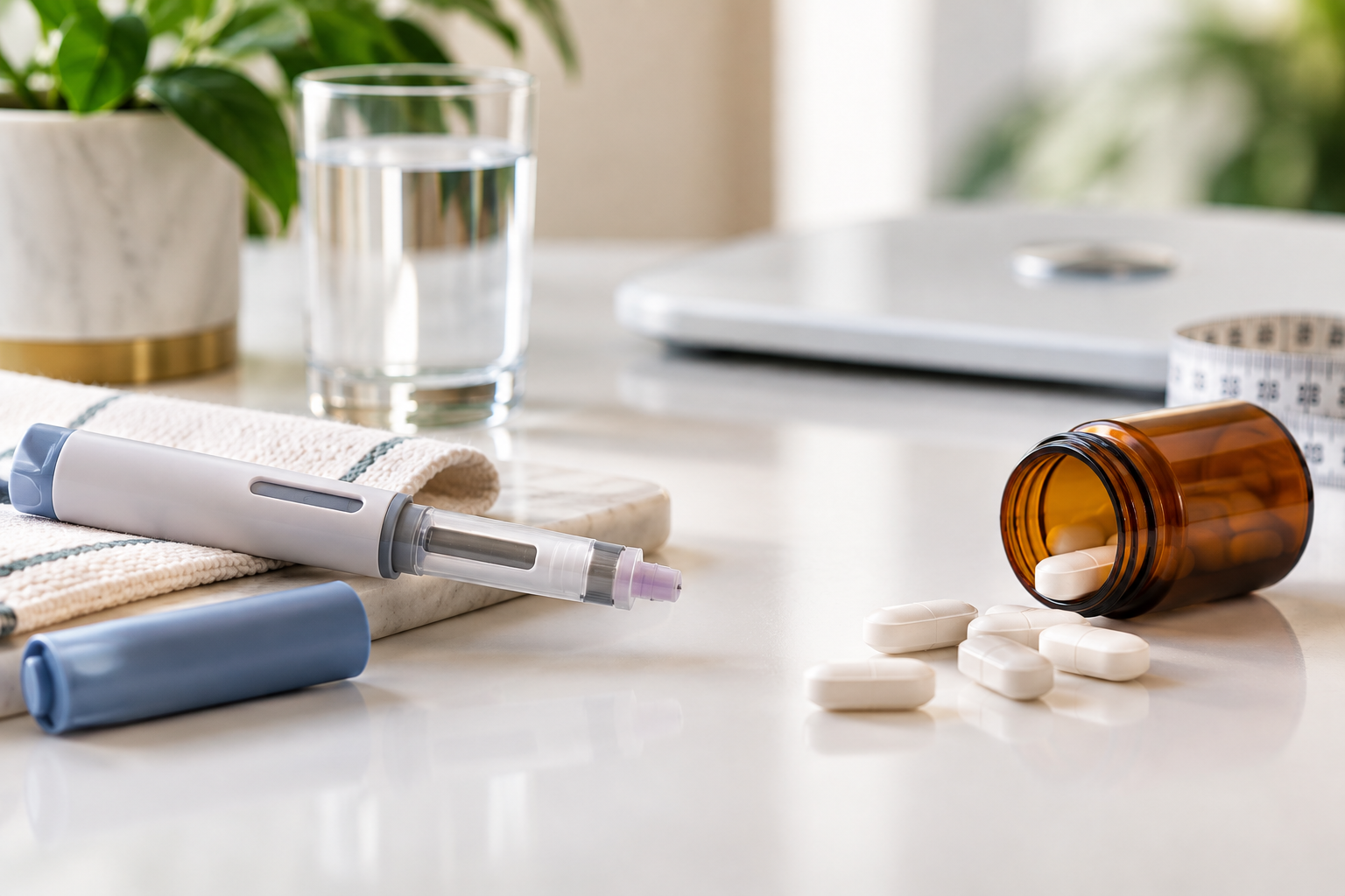 Weekly weight-loss injection and daily oral medication options on a wellness desk