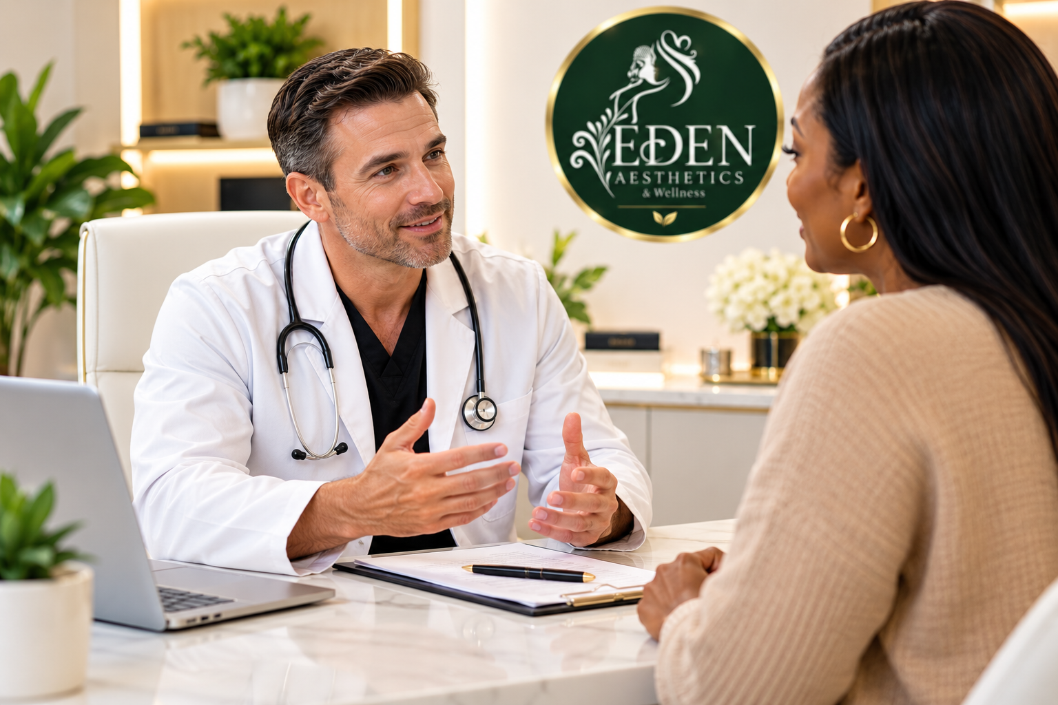 Healthcare provider speaking with a patient during a weight-management consultation